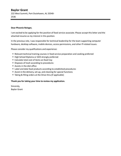 Food Service Associate Cover Letter Velvet Jobs