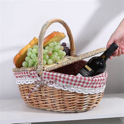 Country Style Wicker Picnic Basket Hamper With Lid And Handle Liners