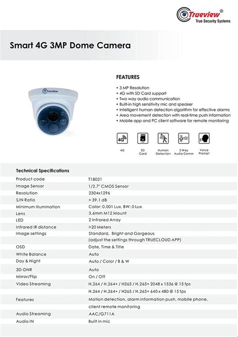 Trueview Smart 4G Sim Based 3MP Dome Security Camera Camera Range 15