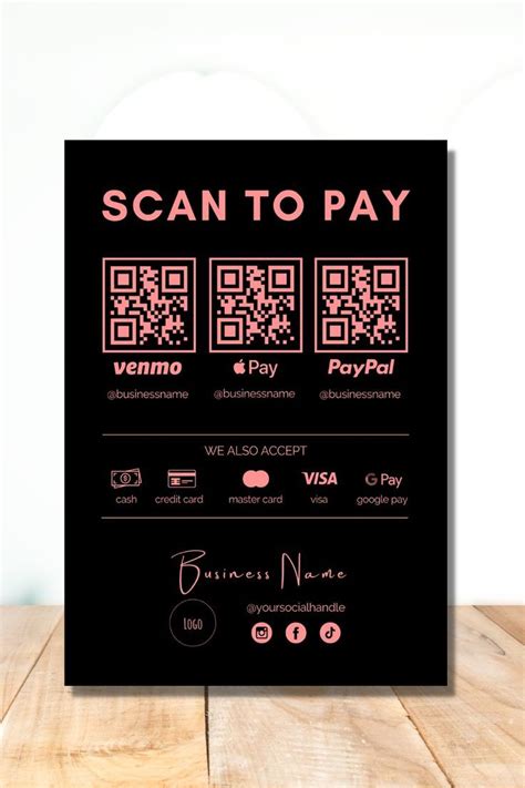 A Black And Pink Poster With The Words Scan To Pay On It S Side