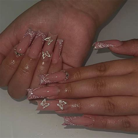 Amazon BAOYAALIN Press On Nails Medium Long Square Nude French Tips Glitter Fake Nails With