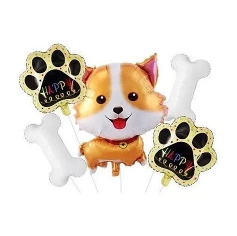 Set 5 Globos Metalizado Perro Puppys Huella Hueso Cumple