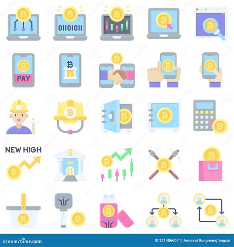 Conjunto De Iconos Planos Relacionados Con Bitcoin Y Criptodivisa
