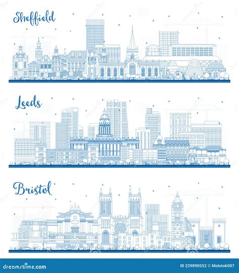 Outline Leeds Bristol And Sheffield UK City Skyline Set Stock