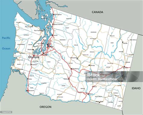 High Detailed Washington Road Map With Labeling Stock Illustration ...