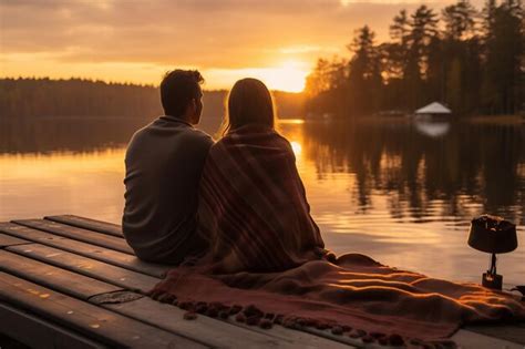 Premium Ai Image Cozy Couple Embraced In Blanket On Lakeside Wooden Dock Delighting In