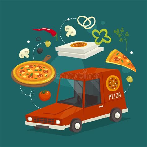 Pizza Delivery Car Concept With Food Vector Cartoon Illustration Fast