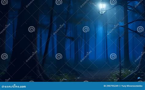 A Gloomy Forest Where The Light Of Lanterns Penetrates Through Thick