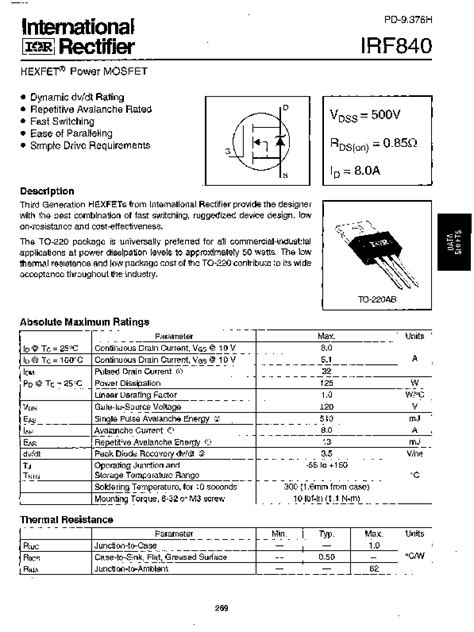 Irf Datasheet Pages Irf Power Mosfet Vdss V Rds On