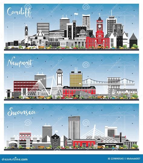 Newport And Swansea Wales City Skyline Silhouette Set With Black