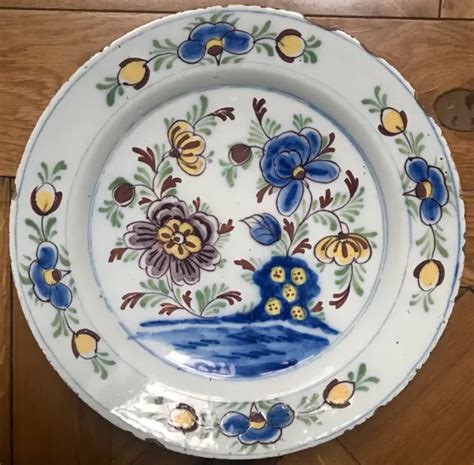 PLAT FAIENCE ANCIENNE DELFT CÉRAMIQUE XVIII 18eme SIÈCLE DÉCOR FLORAL