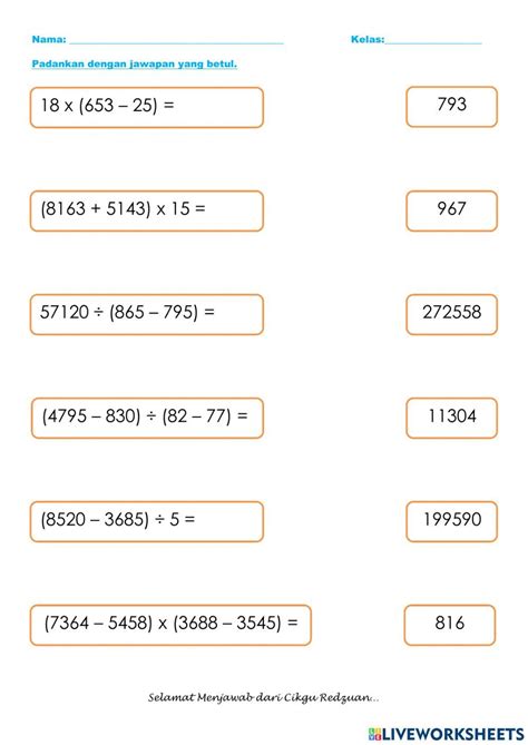 Matematik Tahun 5 Operasi Bergabung Worksheet