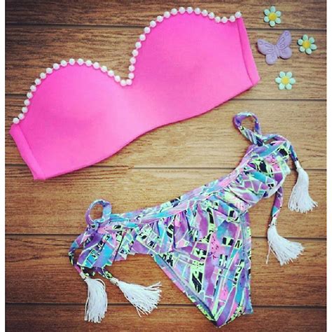 Fake Pearl Bikini Tie Up Bademode Badeanzug Badeanzug Badeanzug Fruugo DE