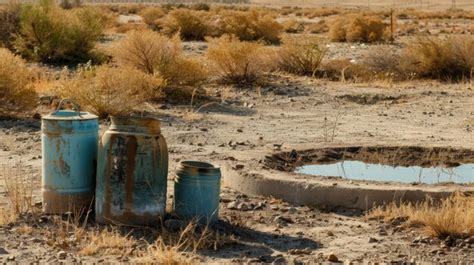 Contenedores De Agua Vac Os Junto A Un Pozo Secado Que Simbolizan La