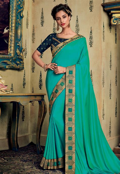 Turquoise Blue Art Silk Embroidered Festival Wear Saree