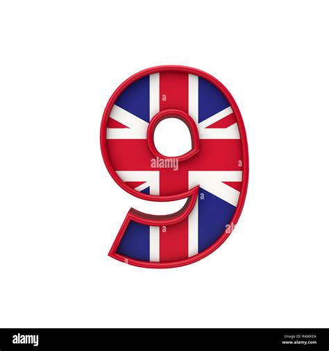 Number 9 Union Jack font, Great Britain flag lettering. 3D Rendering ...