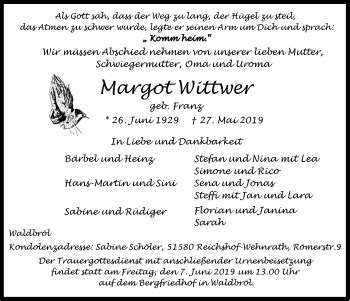 Traueranzeigen Von Margot Wittwer WirTrauern