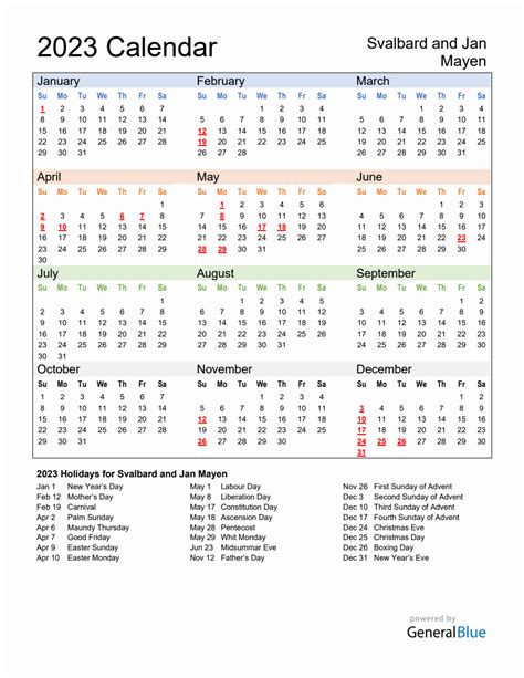 Annual Calendar With Svalbard And Jan Mayen Holidays