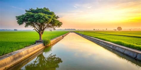 Amazing View Paddy Fields At Morning Concrete Water Canal And Single