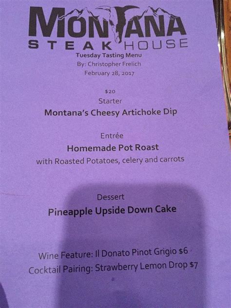 Menu at Montana's steakhouse, Lake Havasu City