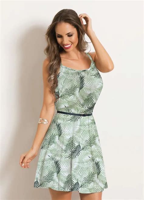 Vestido Evasê de Alças Folhagem Verde Moda Pop