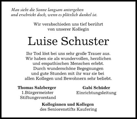 Traueranzeigen Von Luise Schuster Augsburger Allgemeine Zeitung