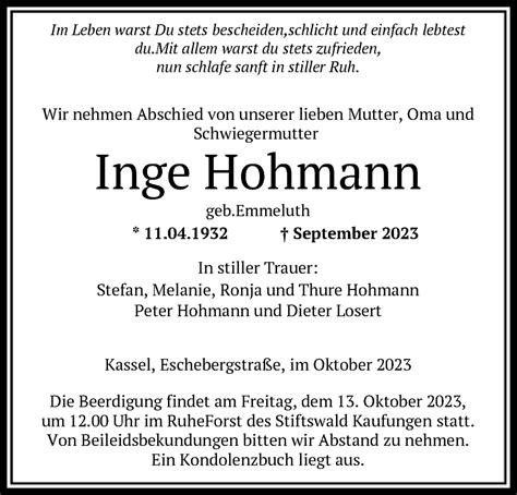 Traueranzeigen Von Inge Hohmann Trauer Hna De