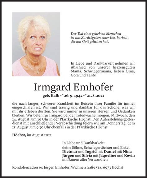 Todesanzeigen Von Irmgard Emhofer Todesanzeigen Vorarlberger Nachrichten