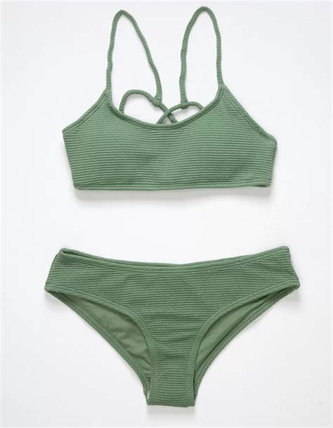 Full Tilt Texture Strappy Girls Bralette Bikini Set Sage Tillys