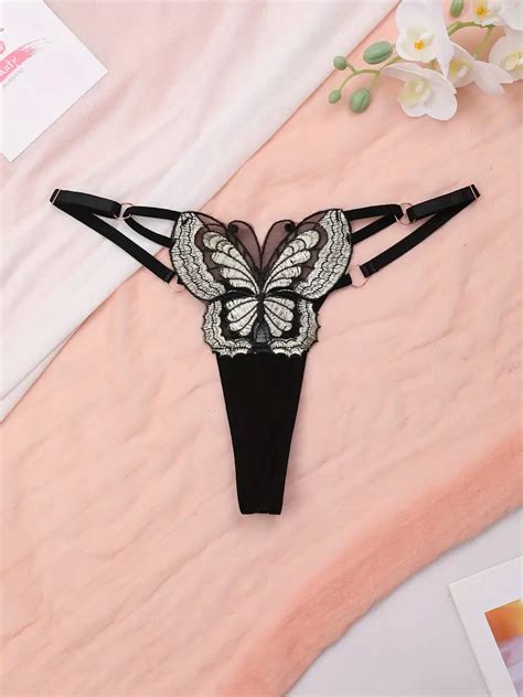 Sexy Butterfly Embroidery Thongs Low Waist Ring Linked Temu United