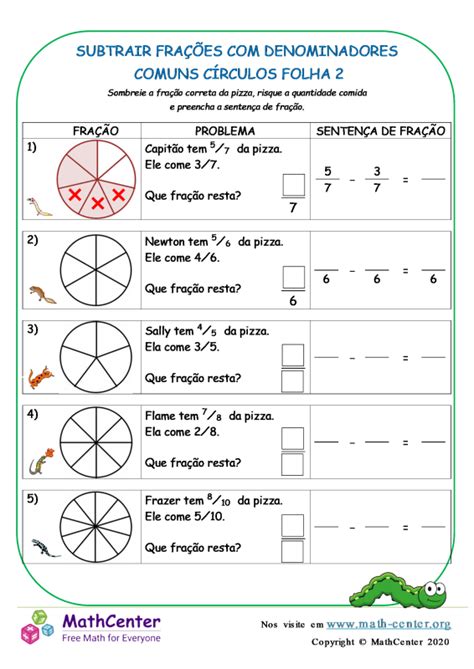 Quinto Ano Planilhas Subtração De Frações Math Center