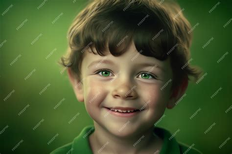 Premium AI Image | A boy with green eyes smiles at the camera.