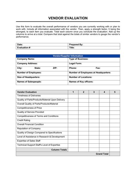 Supplier Performance Evaluation Form Template Excel