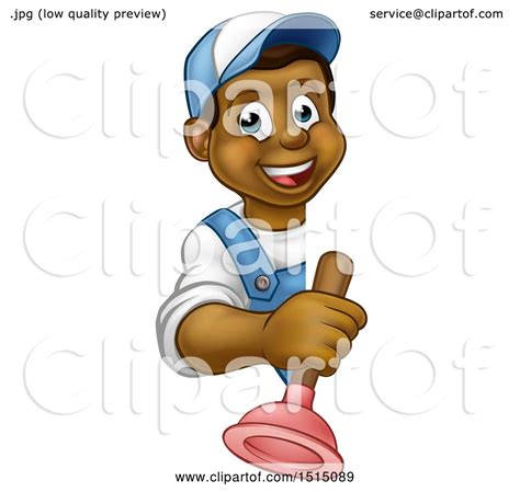 Clipart of a Cartoon Happy Black Male Plumber Holding a Plunger Around ...