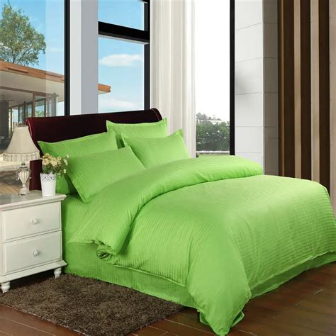 Luxury Satin Cotton Hotel Bedding Set Apple Green Stripes Cotton Bed