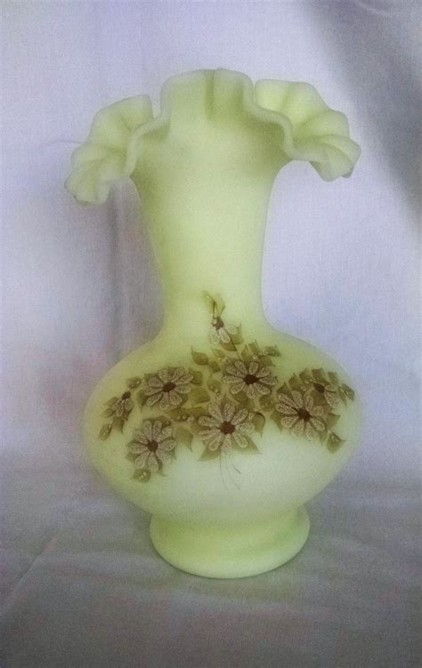 Fenton Art Glass Tall Crimped And Ruffled Custard Vase Hand Painted By D Fredrick By