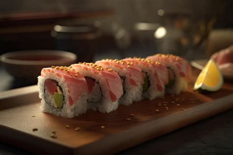 Premium AI Image A Sushi On A Wooden Board With A Pink Piece Of Sushi