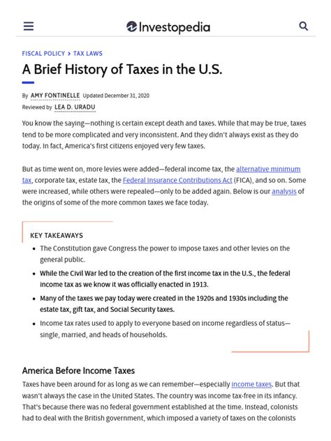 A Brief History Of Taxes In The Us Pdf Taxes Income Tax In The