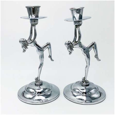 Art Deco Chrome Pair Of Dancing Nude Lady Candlesticks Artedeco