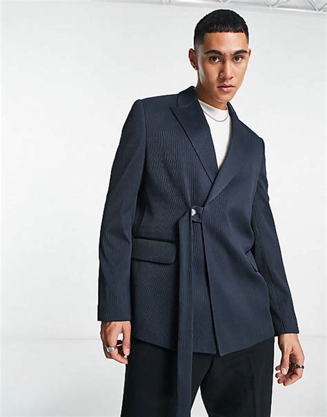 Asos Design Belted Suit In Navy Plisse Asos