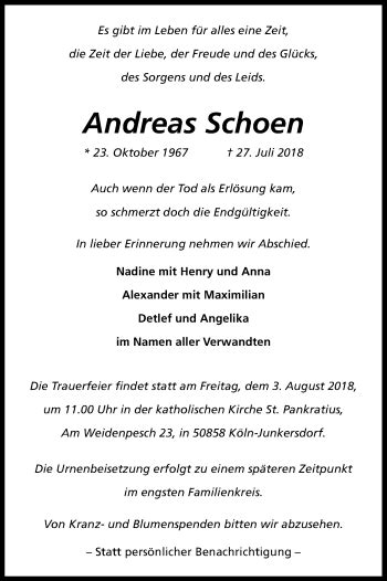 Traueranzeigen Von Andreas Schoen WirTrauern