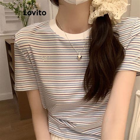 Lovito Women Casual Striped Pattern T Shirt LNA57112 Shopee Philippines