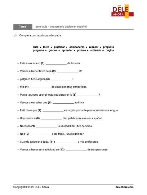 En El Aula Vocabulario B Sico En Espa Ol Vocabulario