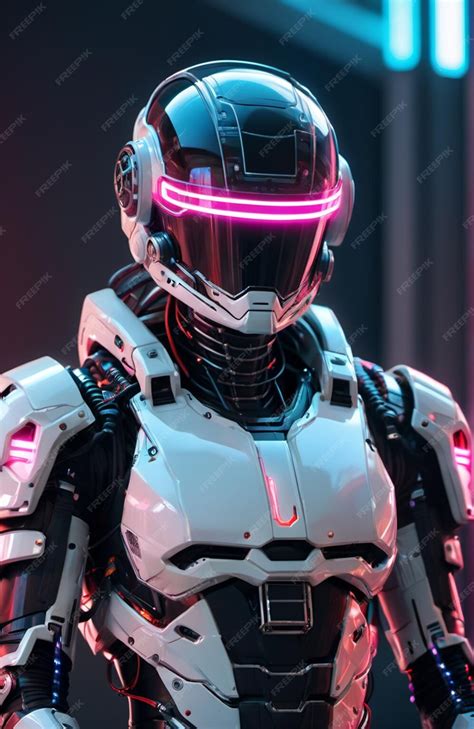 Premium Photo Futuristic Humanoid Wearing Bionic Armor With Neon Glowing Cyberpunk Style