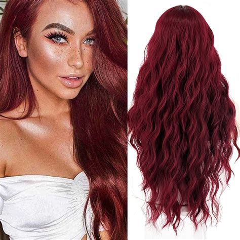 Long Wavy Wine Red Black Synthetic Wig Womens Heat Resistant Natural