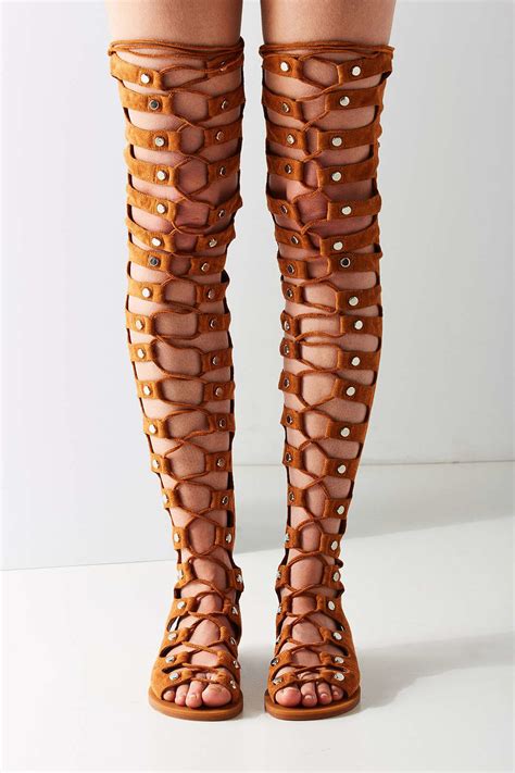 Jeffrey Campbell Suede Olympus Over The Knee Gladiator Sandal In Tan