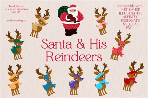 Santa And His Reindeers Graphic Clipart Graphic By Nosheendesigns · Creative Fabrica