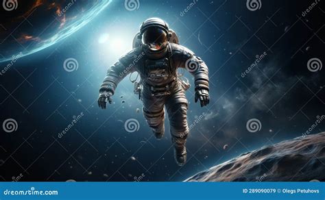 A Man in a Space Suit Floating in the Air Above a Planet Stock ...