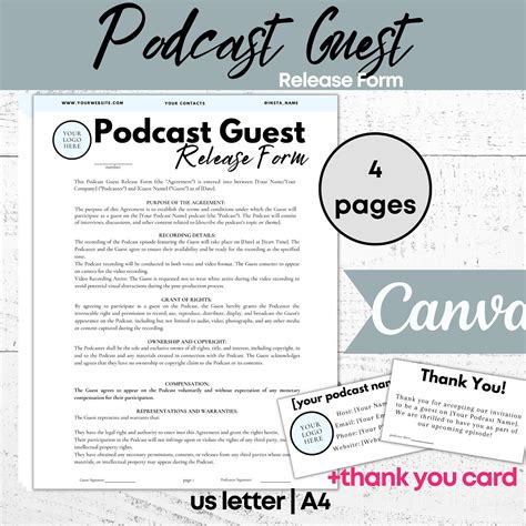 Podcast Agreement Podcast Guest Release Form Podcast Branding Template