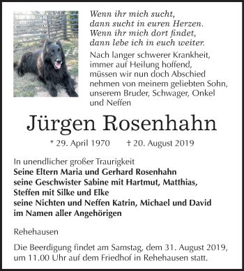 Traueranzeigen von Jürgen Rosenhahn abschied nehmen de